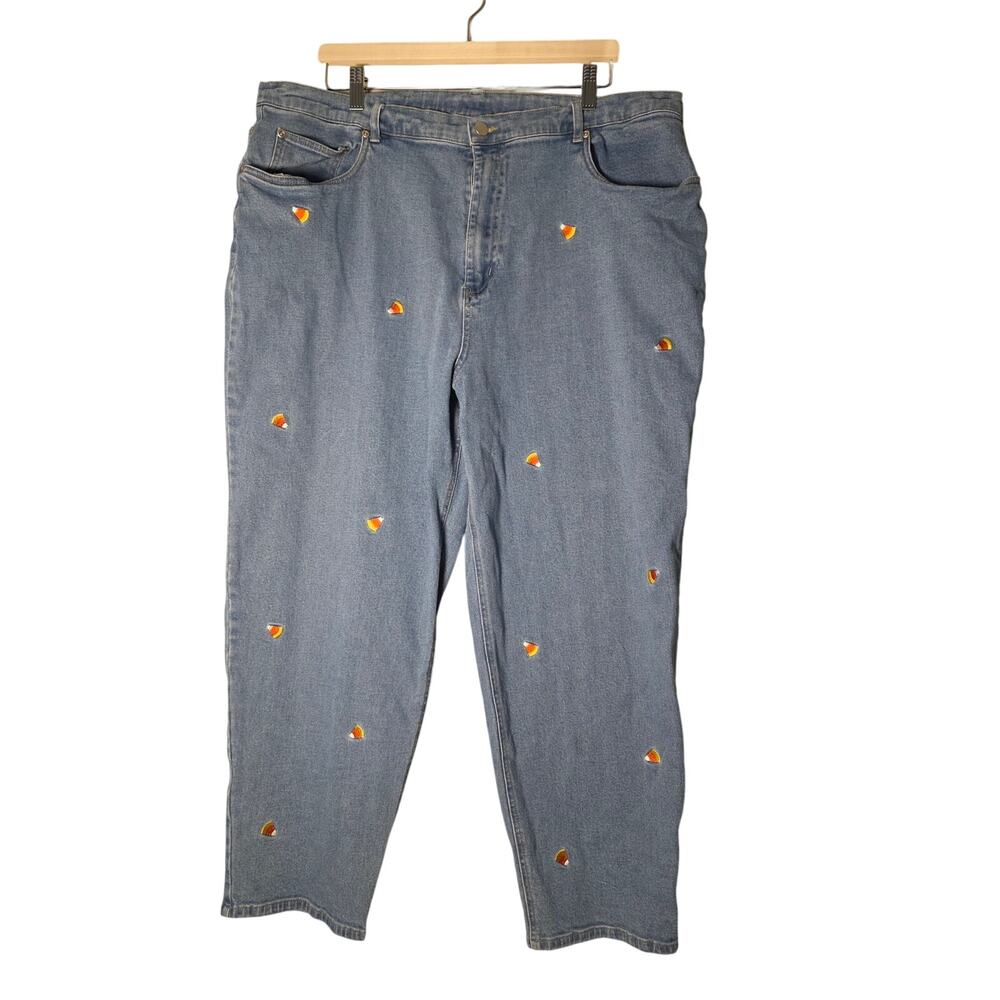 Quacker Factory Women's 24W Halloween Candy Corn Embroidered Straight Leg Jeans
